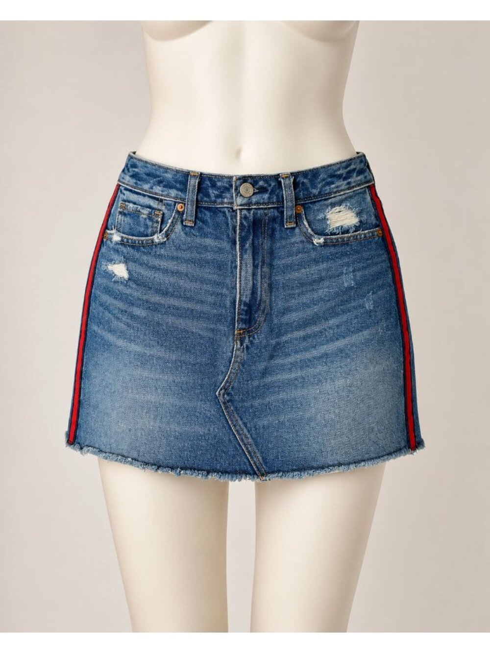 Abercrombie & Fitch Zoe Denim Mini Skirt Womens 26/2 Red Stripe Distressed